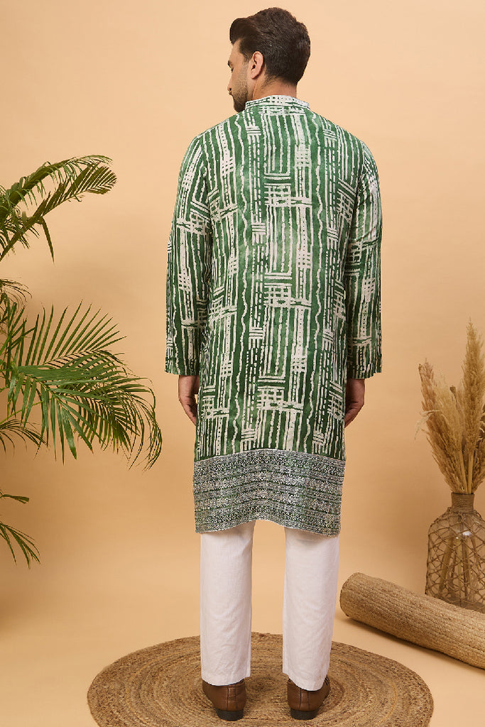 Green Viscose Rayon Batik Embroidered Straight Kurta With Pant Set MKSET1500