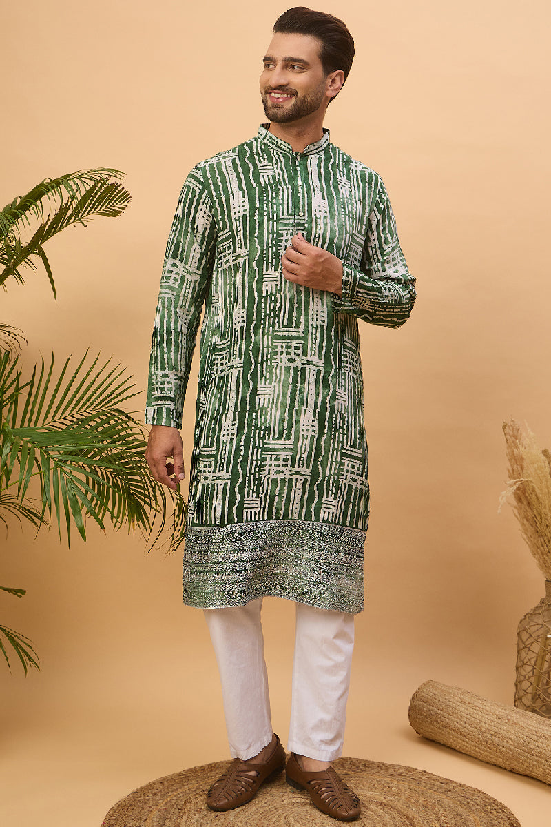 Green Viscose Rayon Batik Embroidered Straight Kurta With Pant Set MKSET1500