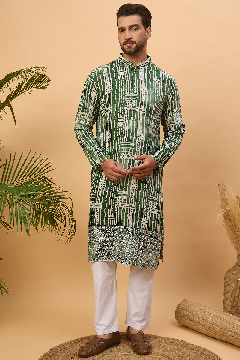Green Viscose Rayon Batik Embroidered Straight Kurta With Pant Set MKSET1500