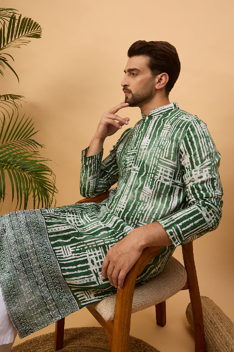 Green Viscose Rayon Batik Embroidered Straight Kurta With Pant Set MKSET1500