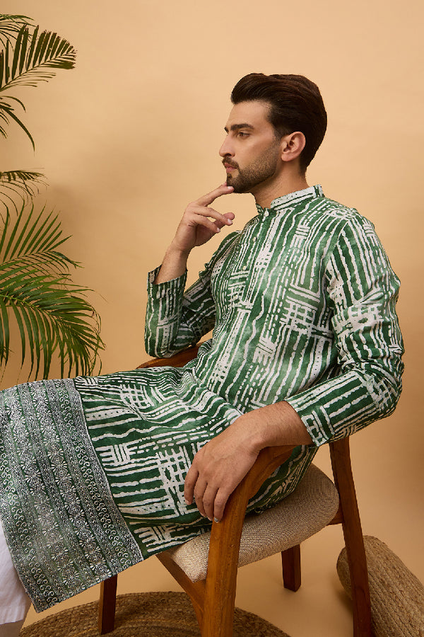 Green Viscose Rayon Batik Embroidered Straight Kurta With Pant Set MKSET1500