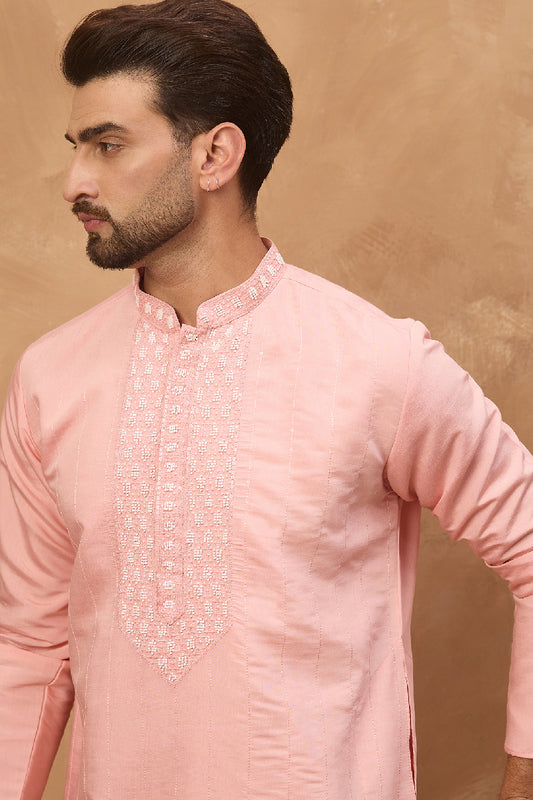 Peach Silk Blend Solid Solid Straight Kurta With Pant Set MKSET1506
