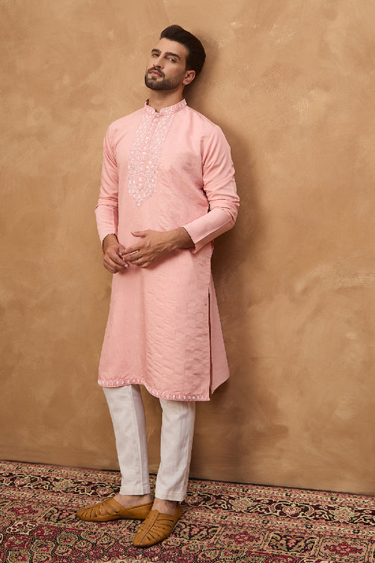 Peach Silk Blend Solid Solid Straight Kurta With Pant Set MKSET1506
