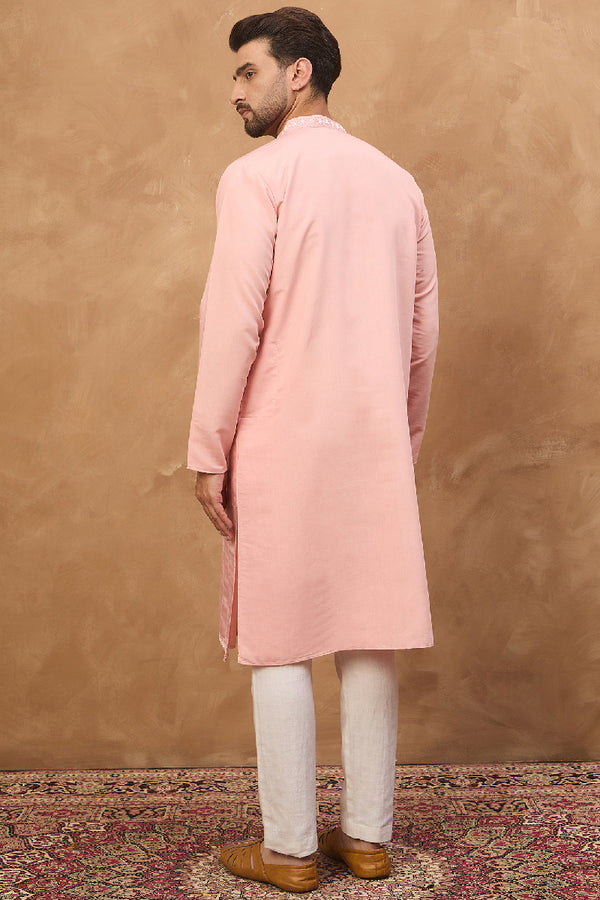 Peach Silk Blend Solid Solid Straight Kurta With Pant Set MKSET1506