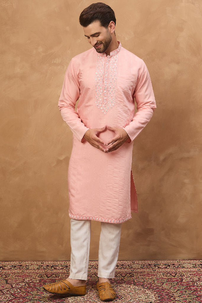 Peach Silk Blend Solid Solid Straight Kurta With Pant Set MKSET1506