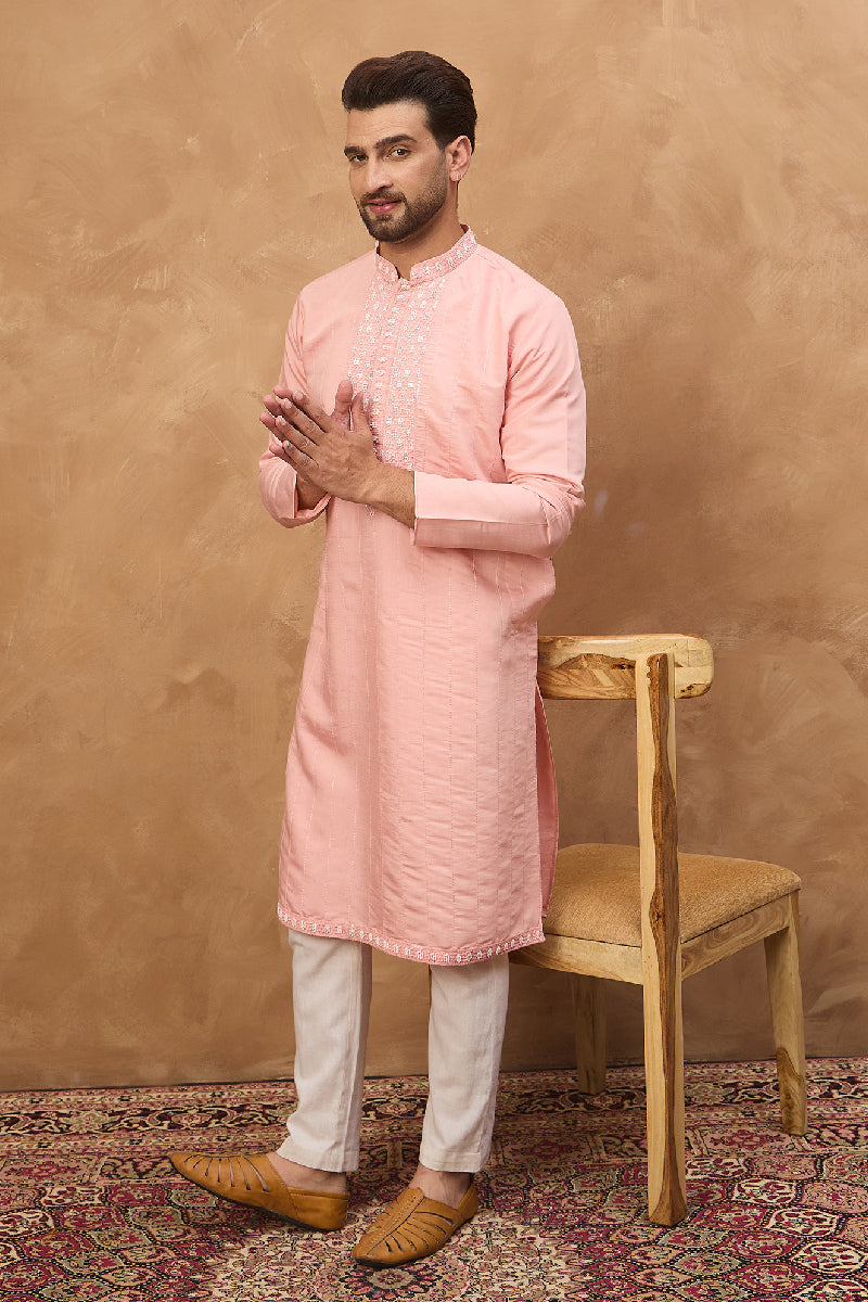 Peach Silk Blend Solid Solid Straight Kurta With Pant Set MKSET1506