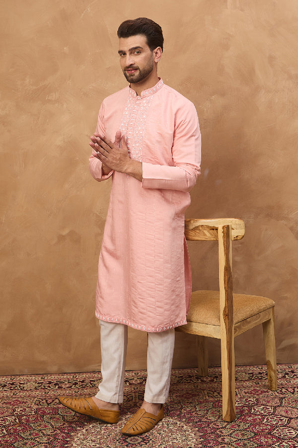 Peach Silk Blend Solid Solid Straight Kurta With Pant Set MKSET1506