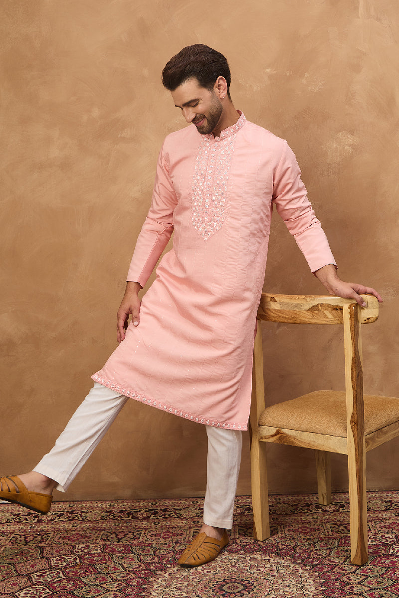 Peach Silk Blend Solid Solid Straight Kurta With Pant Set MKSET1506