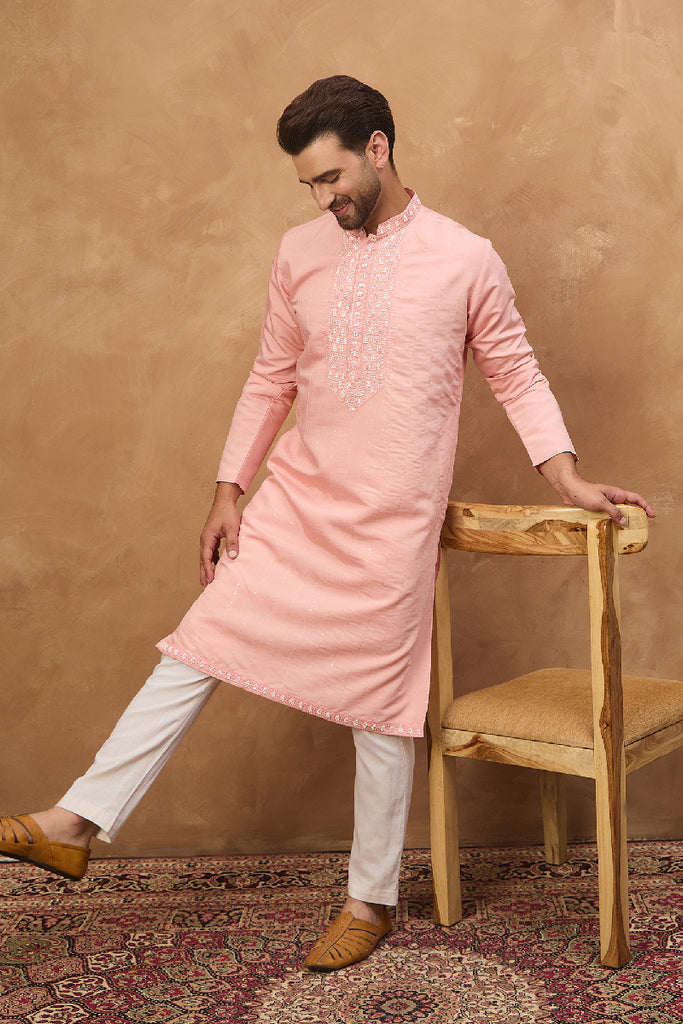 Peach Silk Blend Solid Solid Straight Kurta With Pant Set MKSET1506