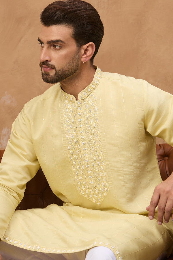 Yellow Silk Blend Solid Embroidered Straight Kurta With Pant Set MKSET1507