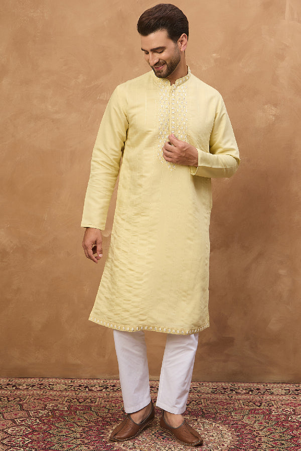 Yellow Silk Blend Solid Embroidered Straight Kurta With Pant Set MKSET1507