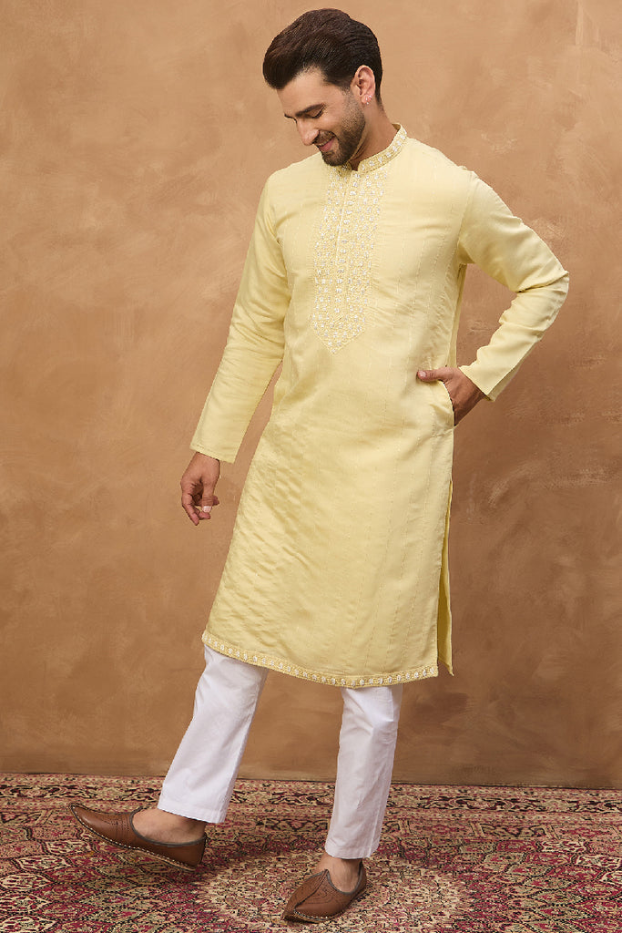 Yellow Silk Blend Solid Embroidered Straight Kurta With Pant Set MKSET1507