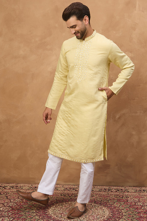 Yellow Silk Blend Solid Embroidered Straight Kurta With Pant Set MKSET1507