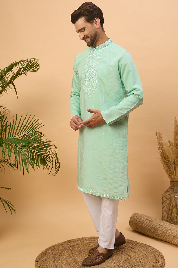 Blue Silk Blend Solid Embroidered Straight Kurta With Pant Set MKSET1508