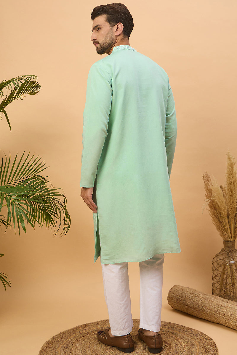 Blue Silk Blend Solid Embroidered Straight Kurta With Pant Set MKSET1508