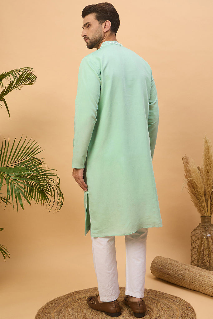 Blue Silk Blend Solid Embroidered Straight Kurta With Pant Set MKSET1508