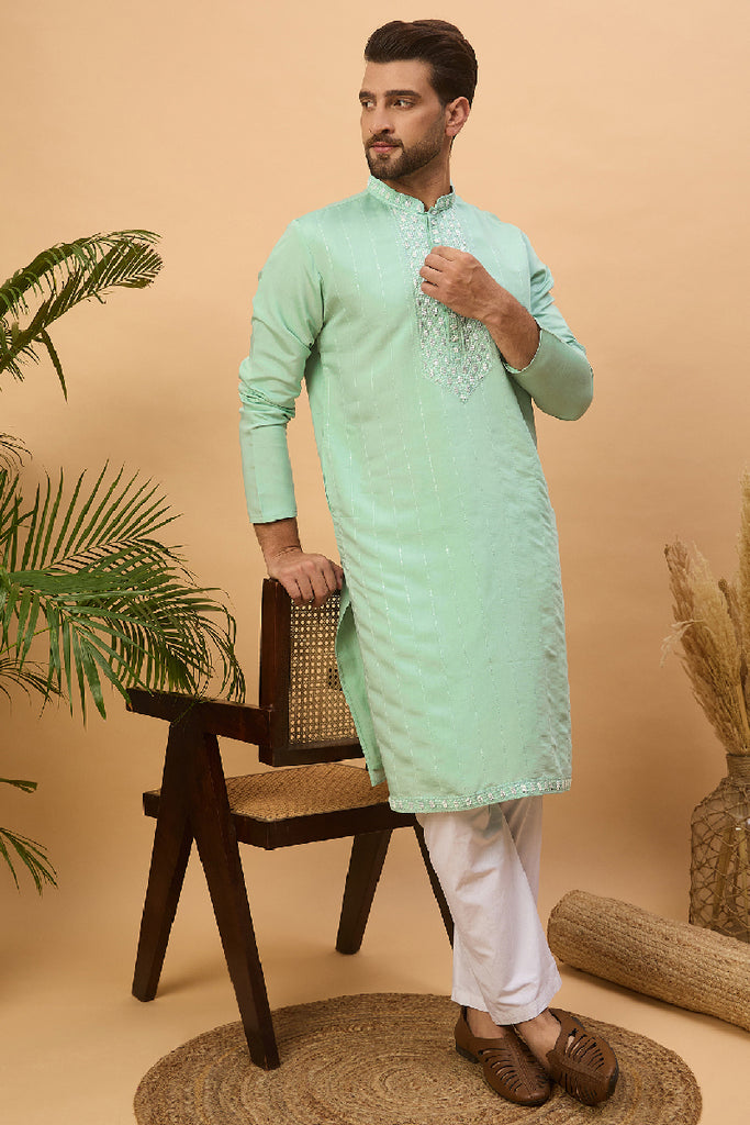 Blue Silk Blend Solid Embroidered Straight Kurta With Pant Set MKSET1508