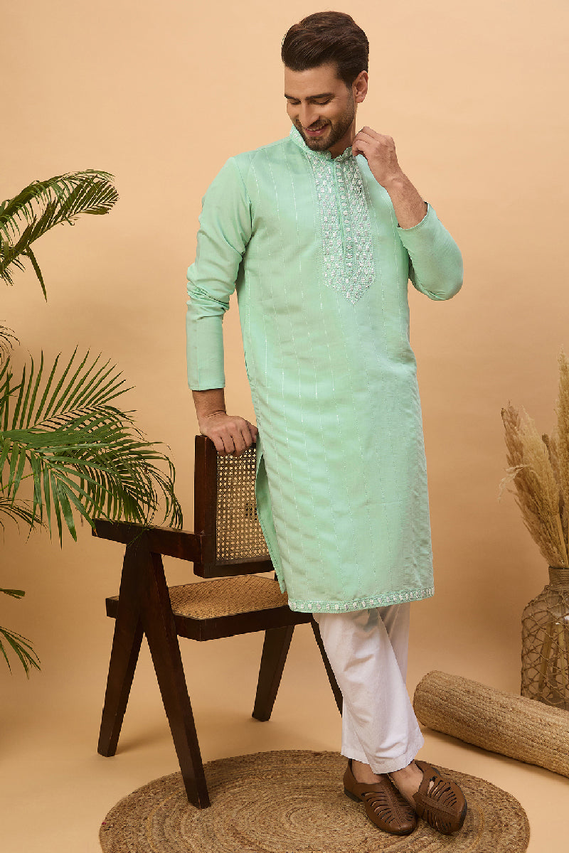 Blue Silk Blend Solid Embroidered Straight Kurta With Pant Set MKSET1508