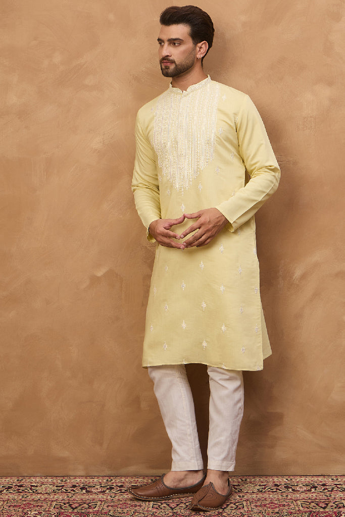 Yellow Silk Blend Solid Embroidered Straight Kurta With Pant Set MKSET1509