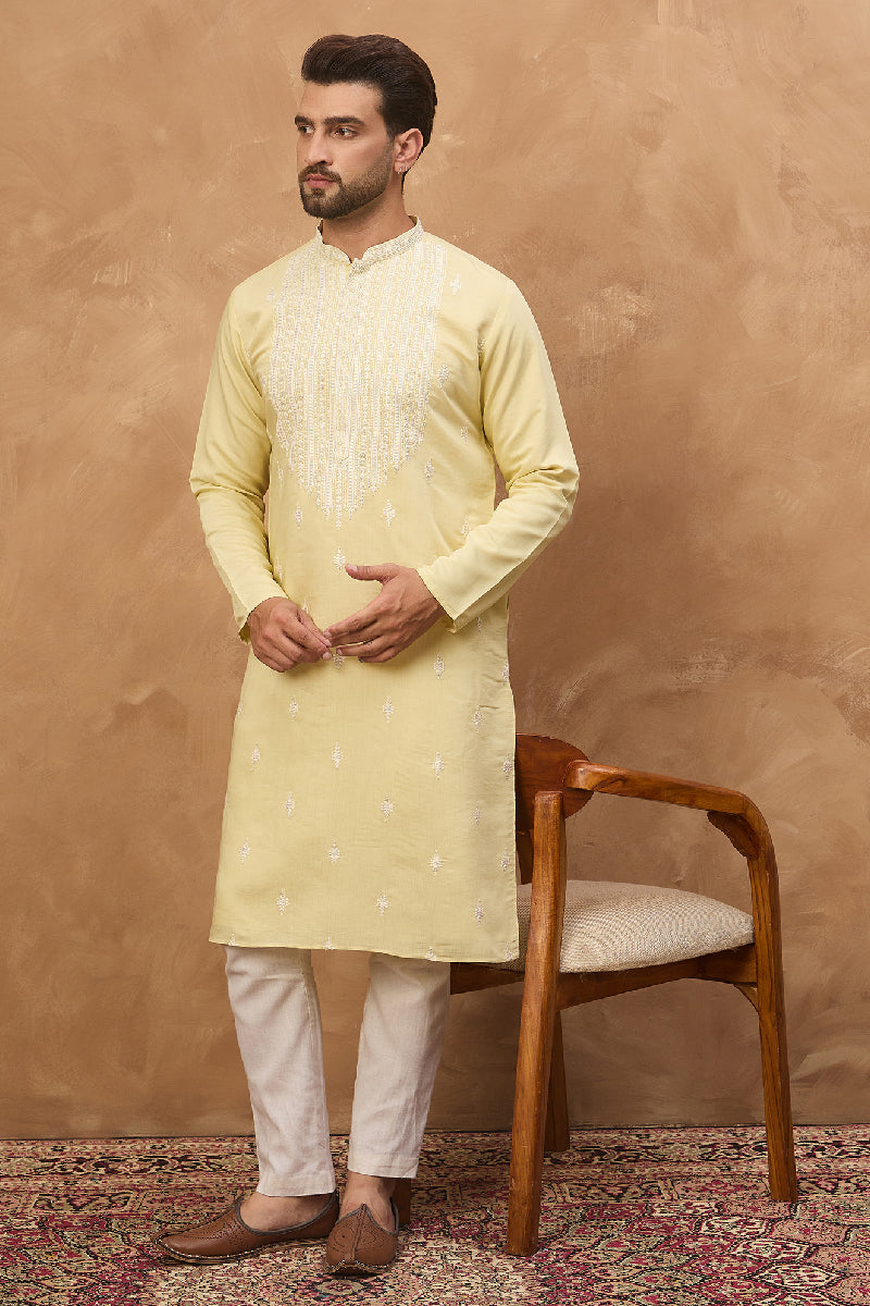 Yellow Silk Blend Solid Embroidered Straight Kurta With Pant Set MKSET1509