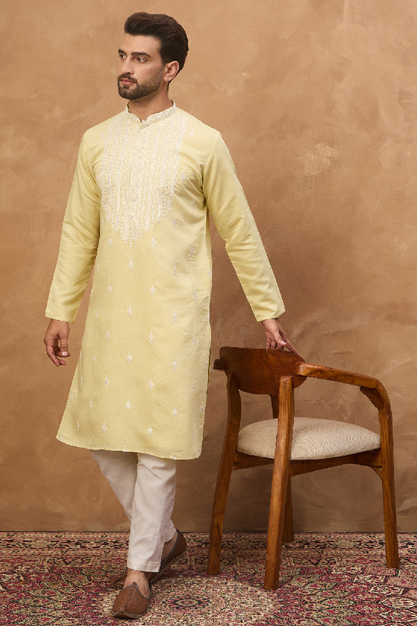 Yellow Silk Blend Solid Embroidered Straight Kurta With Pant Set MKSET1509