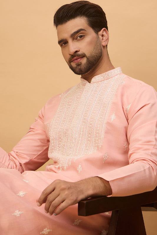Peach Silk Blend Solid Embroidered Straight Kurta With Pant Set MKSET1510