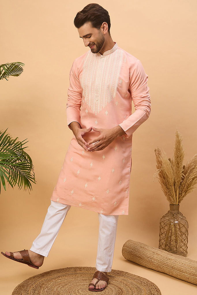 Peach Silk Blend Solid Embroidered Straight Kurta MKU1510