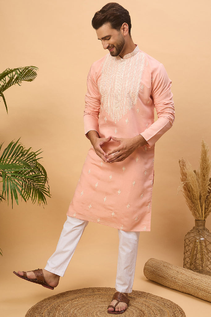 Peach Silk Blend Solid Embroidered Straight Kurta With Pant Set MKSET1510