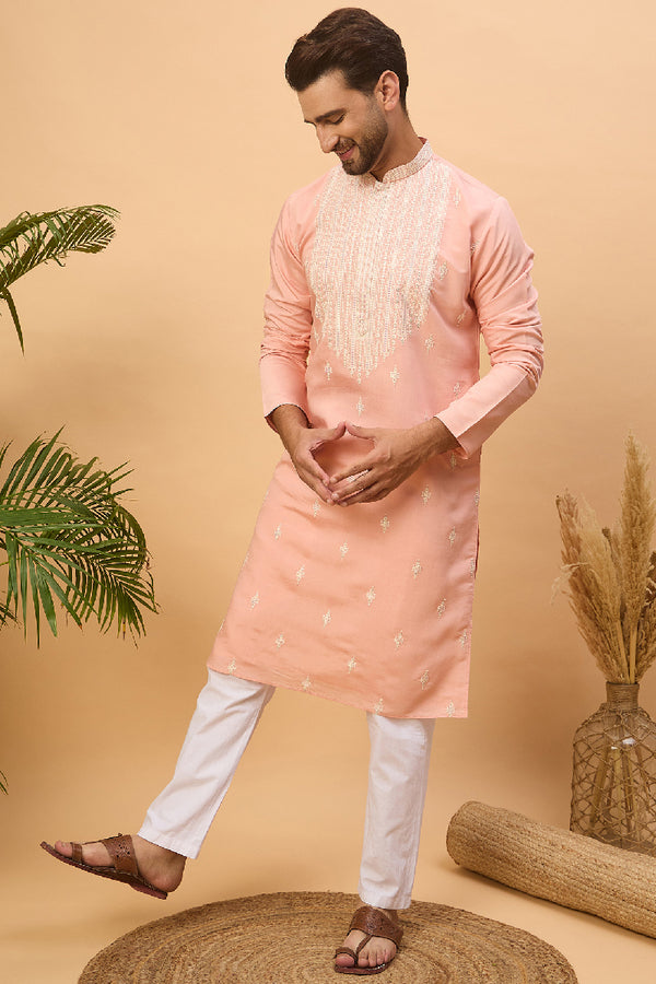Peach Silk Blend Solid Embroidered Straight Kurta With Pant Set MKSET1510