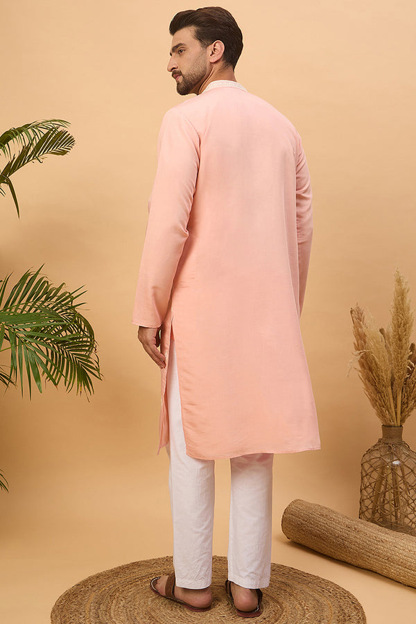 Peach Silk Blend Solid Embroidered Straight Kurta MKU1510