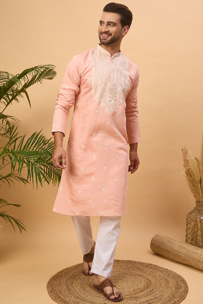Peach Silk Blend Solid Embroidered Straight Kurta With Pant Set MKSET1510