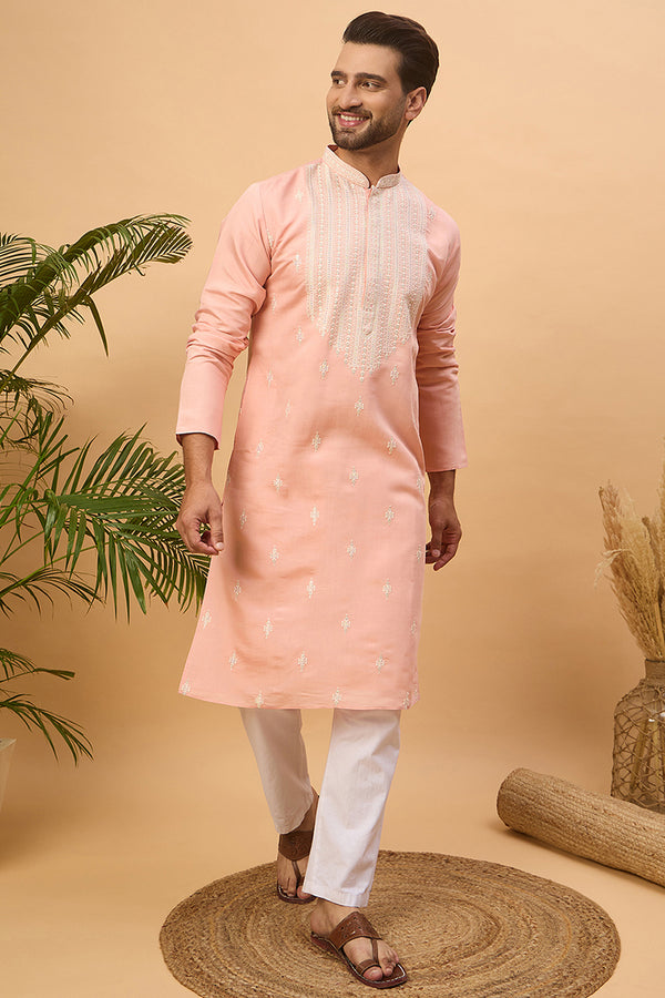 Peach Silk Blend Solid Embroidered Straight Kurta MKU1510