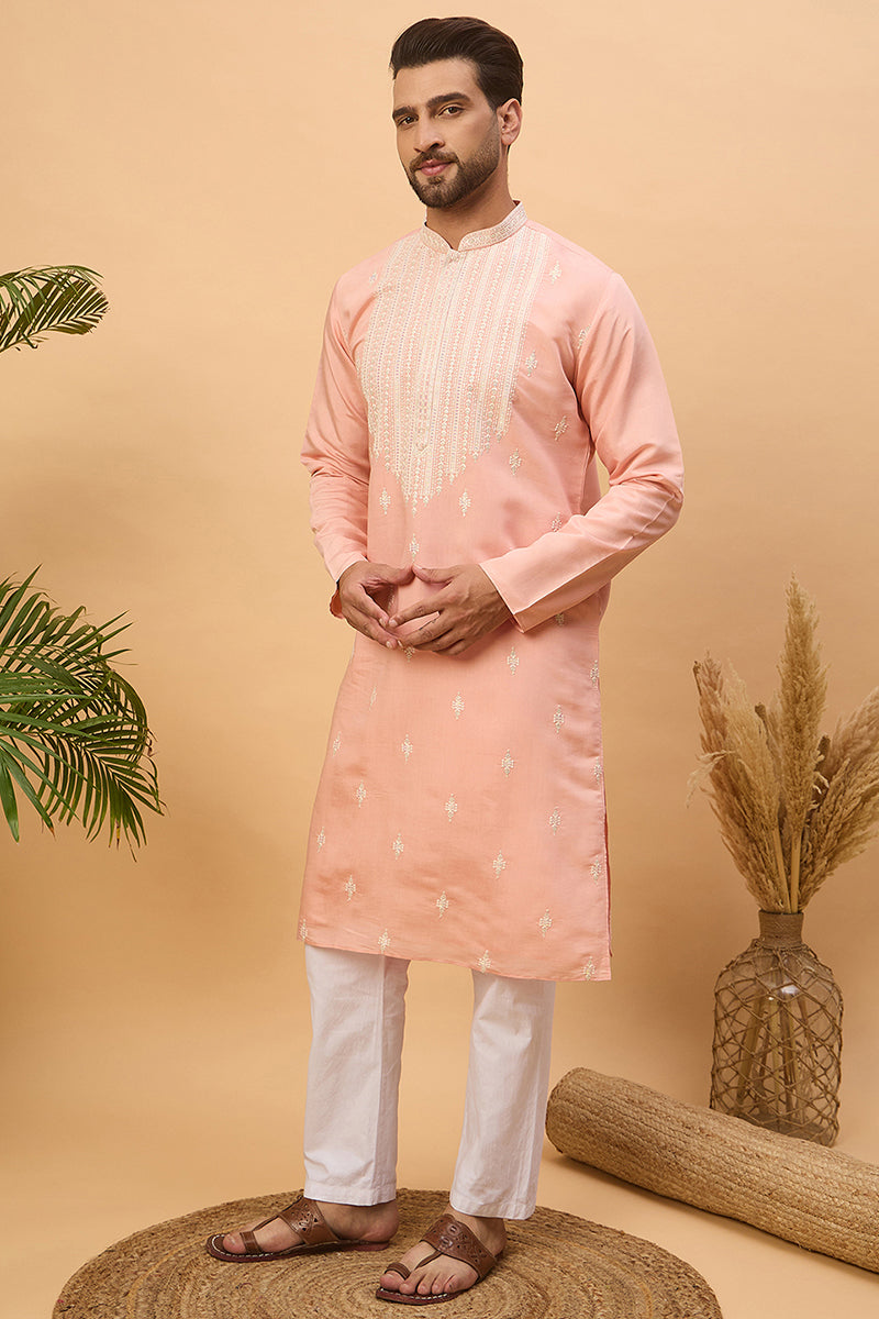 Peach Silk Blend Solid Embroidered Straight Kurta MKU1510