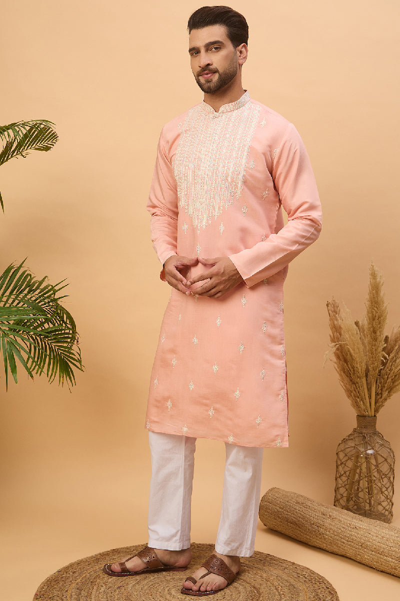 Peach Silk Blend Solid Embroidered Straight Kurta With Pant Set MKSET1510