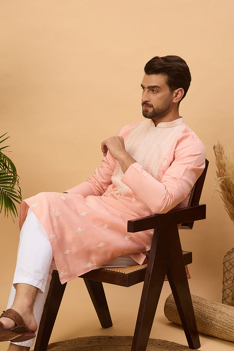Peach Silk Blend Solid Embroidered Straight Kurta MKU1510