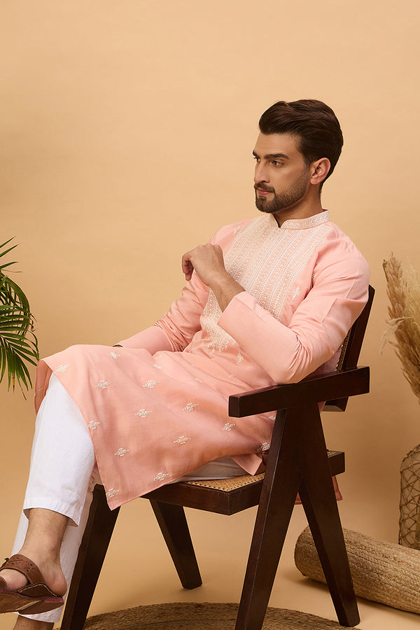 Peach Silk Blend Solid Embroidered Straight Kurta MKU1510