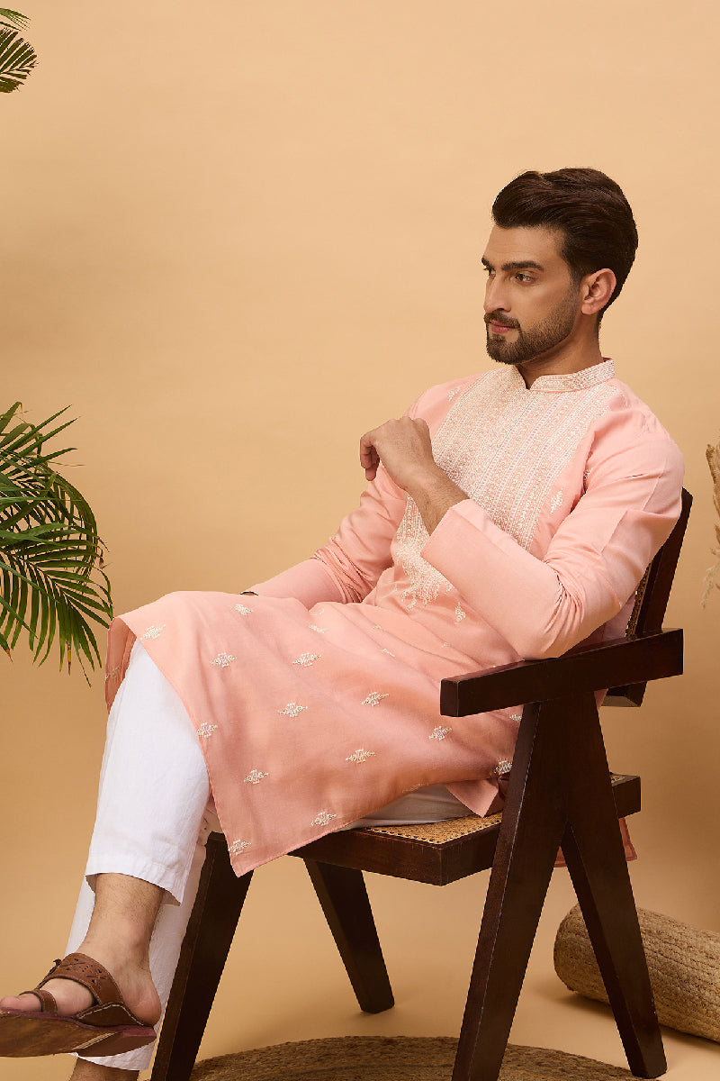 Peach Silk Blend Solid Embroidered Straight Kurta With Pant Set MKSET1510