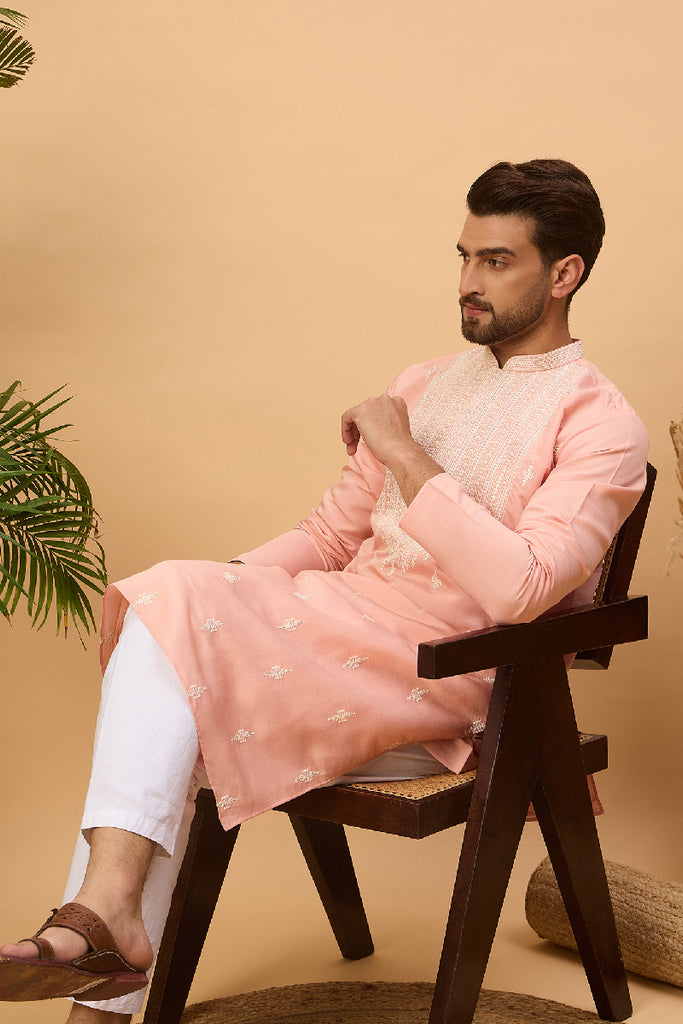 Peach Silk Blend Solid Embroidered Straight Kurta With Pant Set MKSET1510