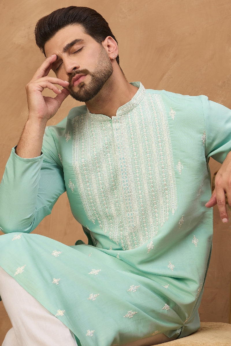 Blue Silk Blend Solid Embroidered Straight Kurta With Pant Set MKSET1511