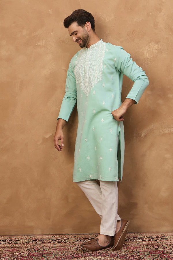 Blue Silk Blend Solid Embroidered Straight Kurta With Pant Set MKSET1511