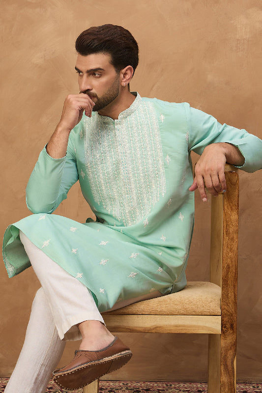 Blue Silk Blend Solid Embroidered Straight Kurta With Pant Set MKSET1511