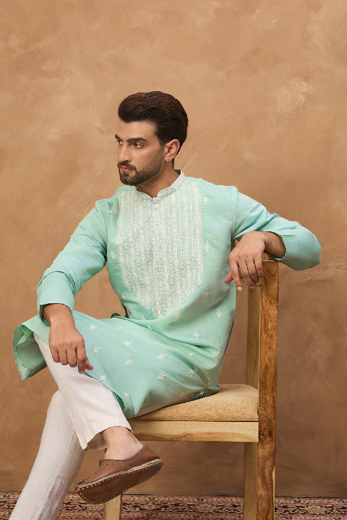 Blue Silk Blend Solid Embroidered Straight Kurta With Pant Set MKSET1511