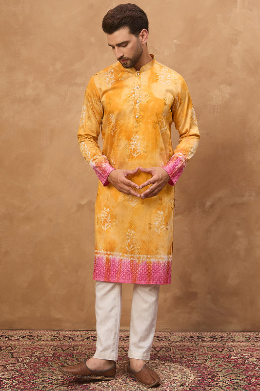 Yellow Silk Blend Batik Embroidered Straight Kurta With Pant Set MKSET1513