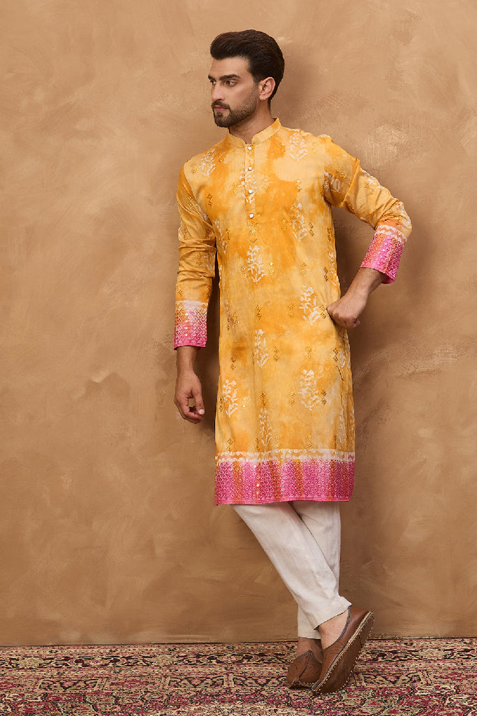 Yellow Silk Blend Batik Embroidered Straight Kurta With Pant Set MKSET1513