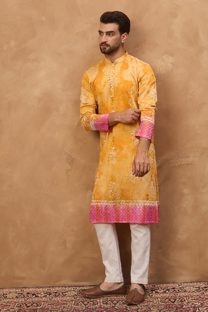 Yellow Silk Blend Batik Embroidered Straight Kurta With Pant Set MKSET1513