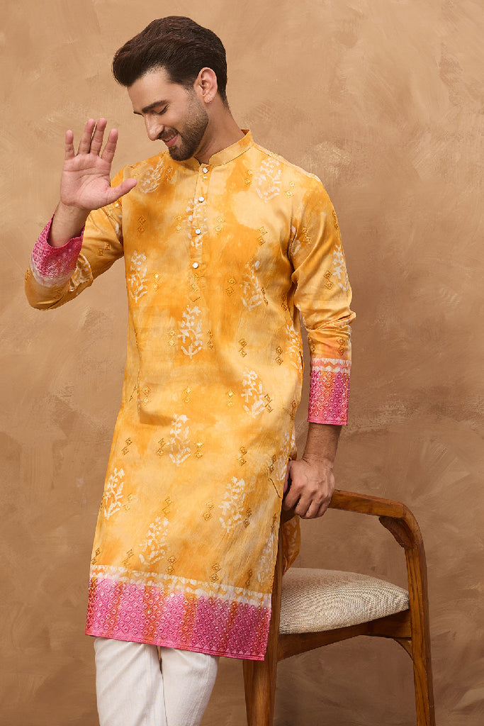 Yellow Silk Blend Batik Embroidered Straight Kurta With Pant Set MKSET1513