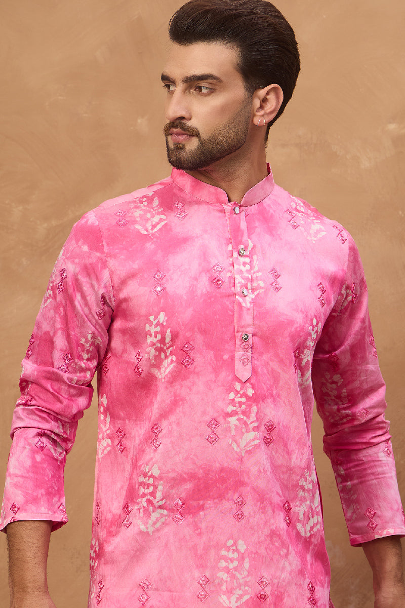 Pink Silk Blend Batik Embroidered Straight Kurta With Pant Set MKSET1515