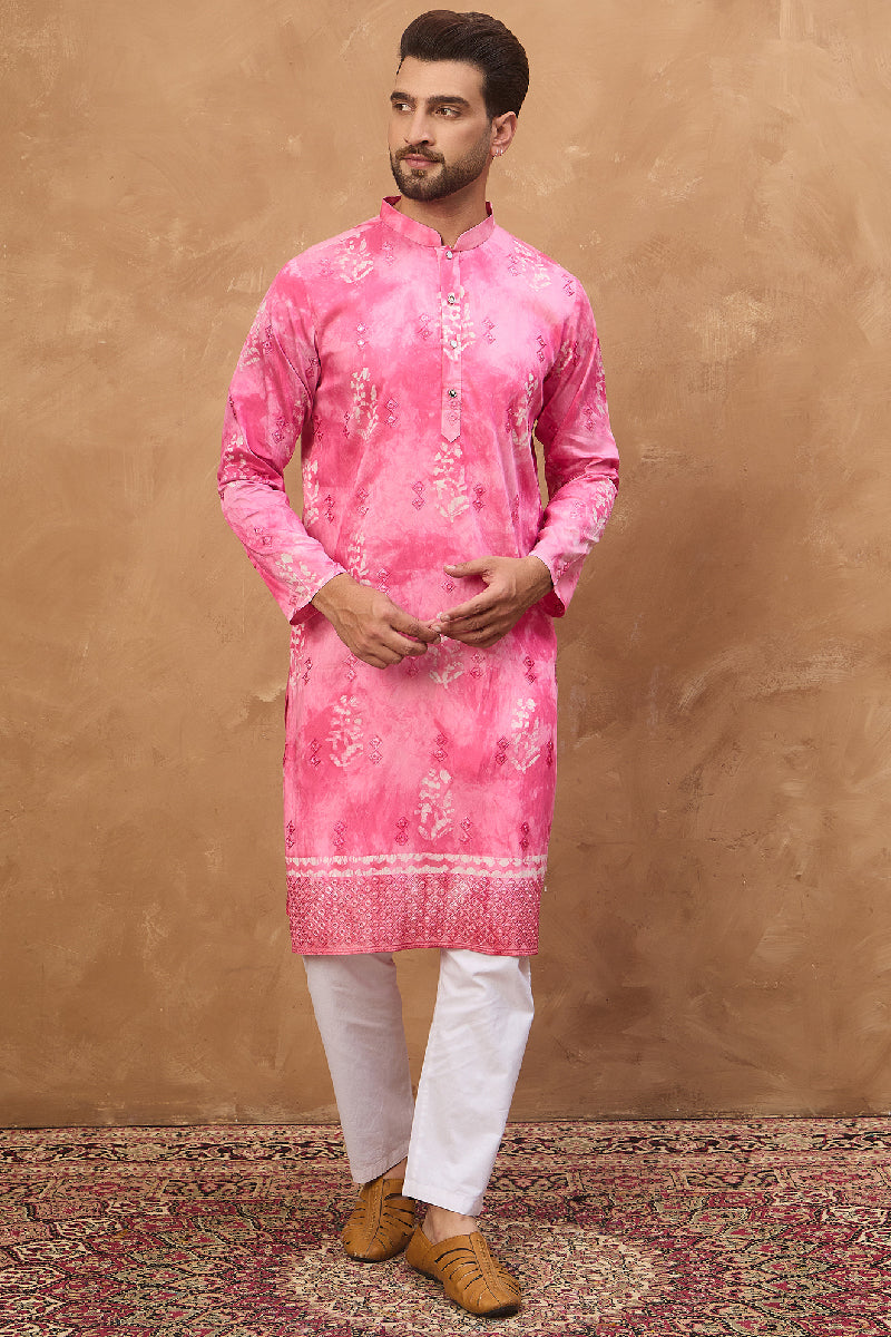 Pink Silk Blend Batik Embroidered Straight Kurta With Pant Set MKSET1515