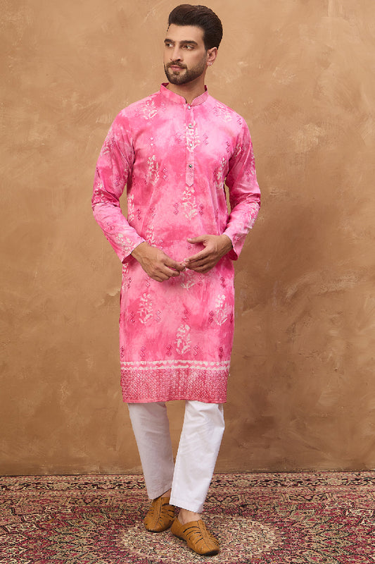 Pink Silk Blend Batik Embroidered Straight Kurta With Pant Set MKSET1515