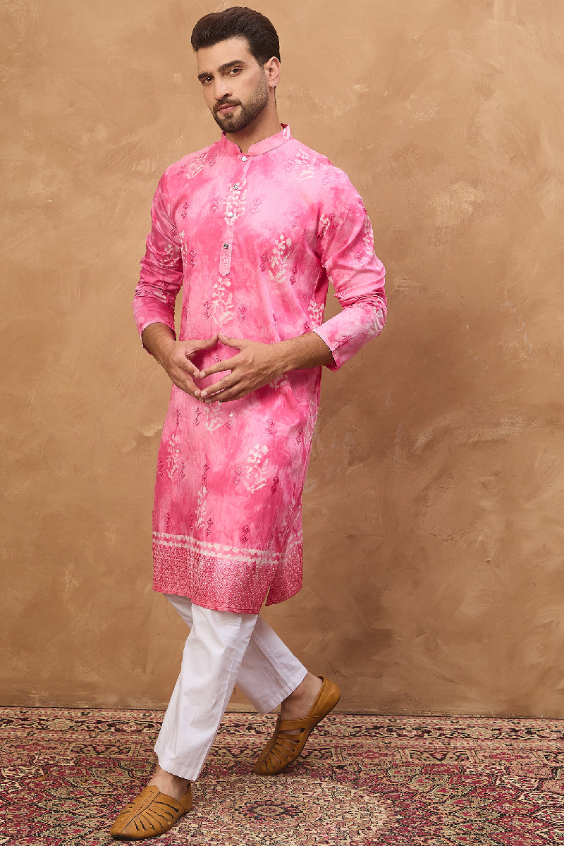 Pink Silk Blend Batik Embroidered Straight Kurta With Pant Set MKSET1515